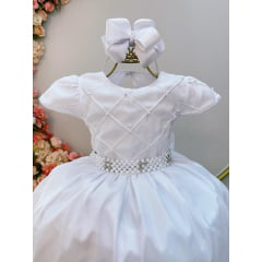 Vestido Infantil Longo Branco Daminhas de Honra Busto Nervura