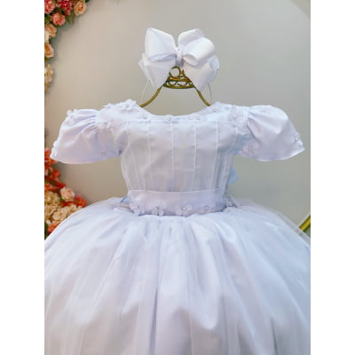 Vestido Infantil Longo Branco Daminhas de Honra C/ Apliques