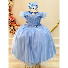 Vestido Infantil Longo Daminhas de Honra Azul C/ Apliques