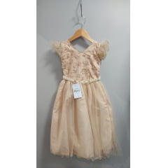 Vestido Infantil Longo Dourado C/ Apliques e Renda Damas