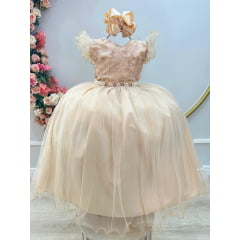 Vestido Infantil Longo Dourado C/ Apliques e Renda Damas