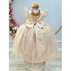 Vestido Infantil Longo Dourado C/ Apliques e Renda Damas
