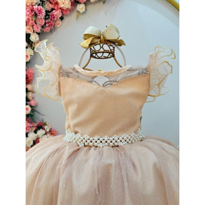 Vestido Infantil Longo Dourado Daminhas de Honra C/ Glitter