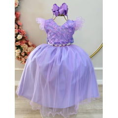 Vestido Infantil Longo Lilás C/ Apliques e Renda Damas Festas