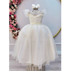 Vestido Infantil Longo Marfim Daminhas de Honra C/ Glitter