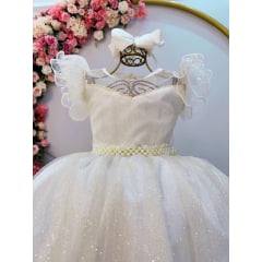 Vestido Infantil Longo Marfim Daminhas de Honra C/ Glitter