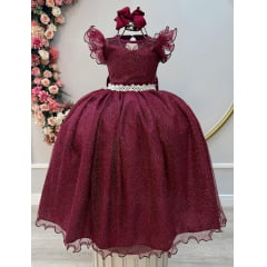 Vestido Infantil Longo Marsala Daminhas de Honra C/ Glitter