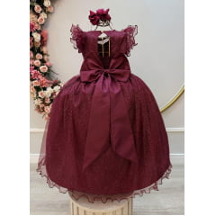 Vestido Infantil Longo Marsala Daminhas de Honra C/ Glitter