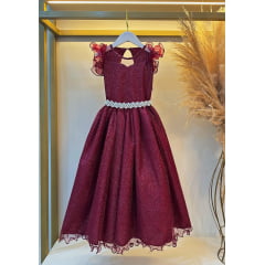 Vestido Infantil Longo Marsala Daminhas de Honra C/ Glitter