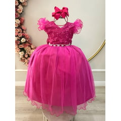 Vestido Infantil Longo Pink C/ Apliques e Renda Damas Festas