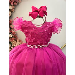 Vestido Infantil Longo Pink C/ Apliques e Renda Damas Festas