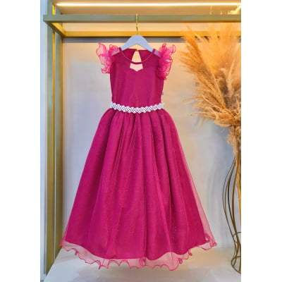 Vestido Infantil Longo Pink Daminhas de Honra C/ Glitter
