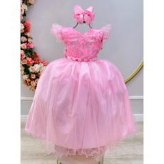 Vestido Infantil Longo Rosa C/ Apliques e Renda Damas
