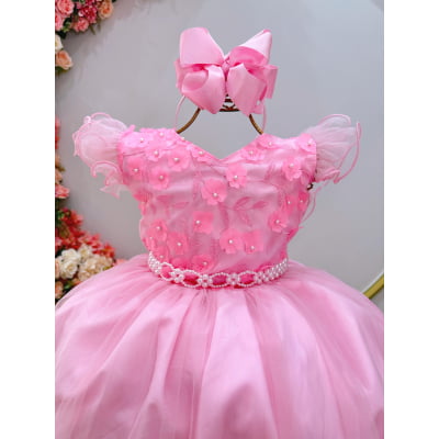 Vestido Infantil Longo Rosa C/ Apliques e Renda Damas