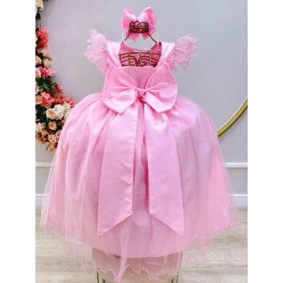 Vestido Infantil Longo Rosa C/ Apliques e Renda Damas