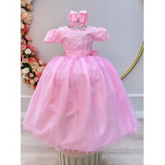 Vestido Infantil Longo Rosa Daminhas de Honra C/ Apliques