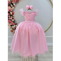 Vestido Infantil Longo Rosa Daminhas de Honra C/ Glitter