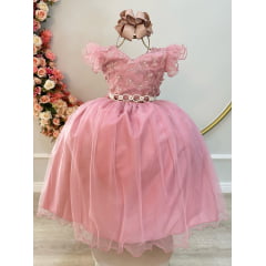 Vestido Infantil Longo Rose C/ Apliques e Renda Damas Festas