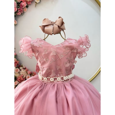 Vestido Infantil Longo Rose C/ Apliques e Renda Damas Festas