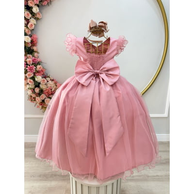 Vestido Infantil Longo Rose C/ Apliques e Renda Damas Festas
