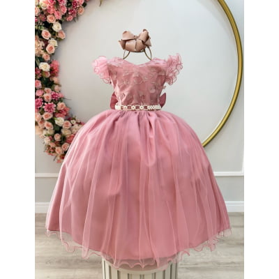 Vestido Infantil Longo Rose C/ Apliques e Renda Damas Festas