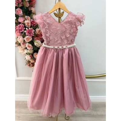 Vestido Infantil Longo Rose C/ Apliques e Renda Damas Festas