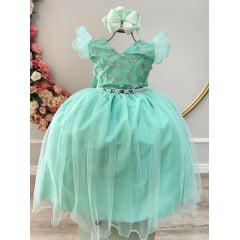 Vestido Infantil Longo Verde C/ Apliques e Renda Damas Festas