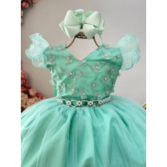 Vestido Infantil Longo Verde C/ Apliques e Renda Damas Festas