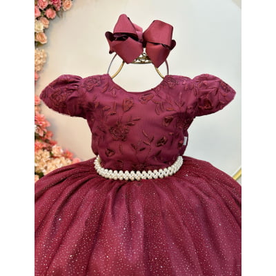 Vestido Infantil Marsala C/ Renda Daminhas de Honra Longo