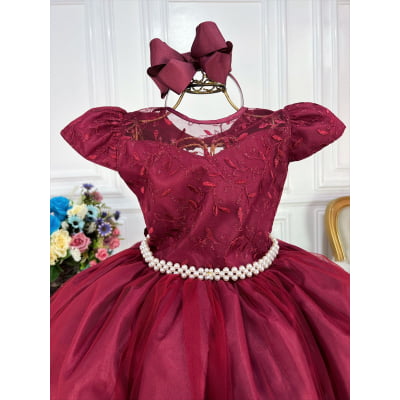 Vestido Infantil Marsala Damas Honra Casamento Renda Pérolas