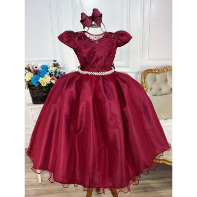 Vestido Infantil Marsala Damas Honra Casamento Renda Pérolas