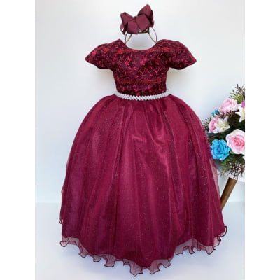 Vestido Infantil Marsala Damas Renda Cinta Pérolas Casamento