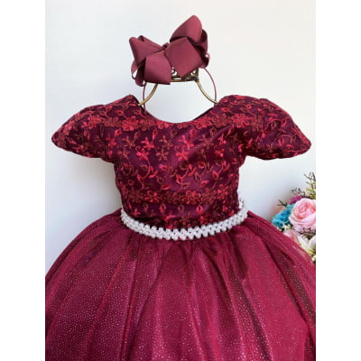 Vestido Infantil Marsala Damas Renda Cinta Pérolas Casamento