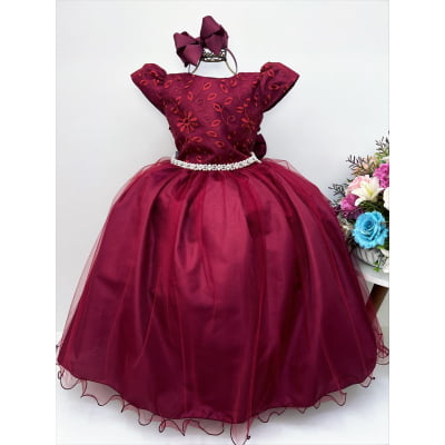 Vestido Infantil Marsala Renda Damas Honra Casamentos Pérola