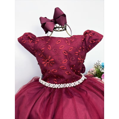 Vestido Infantil Marsala Renda Damas Honra Casamentos Pérola