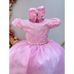 Vestido Infantil Rosa C/ Renda Damas Honra Casamentos