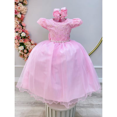 Vestido Infantil Rosa C/ Renda Damas Honra Casamentos