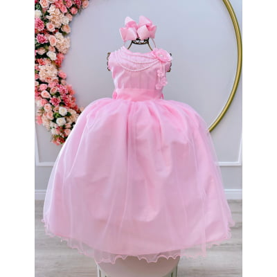 Vestido Infantil Rosa Damas de Honra Casamentos C/ Broche