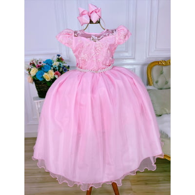 Vestido Infantil Rosa Damas Honra Casamento C/ Renda Pérolas