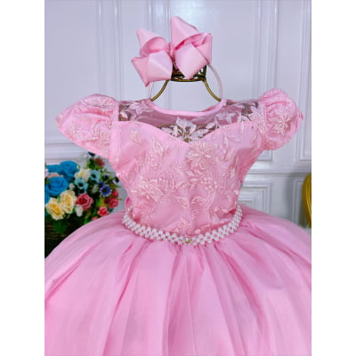 Vestido Infantil Rosa Damas Honra Casamento C/ Renda Pérolas