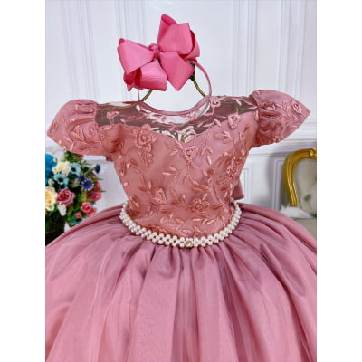 Vestido Infantil Rose Damas Honra Casamento C/ Renda Pérolas