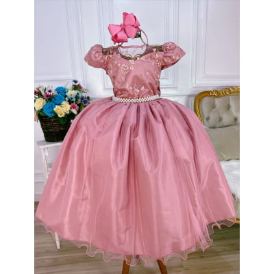 Vestido Infantil Rose Damas Honra Casamento Renda e Pérolas
