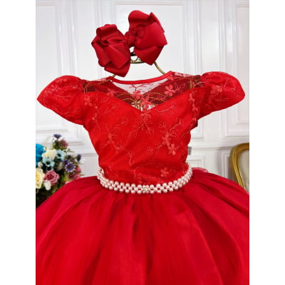 Vestido Infantil Vermelho Damas Honra Casamento Renda Pérola