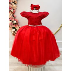 Vestido Infantil Vermelho Renda Damas Honra Casamentos Pérola