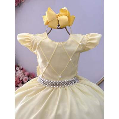 Vestido Infantil Amarelo Busto Nervura Daminhas Luxo