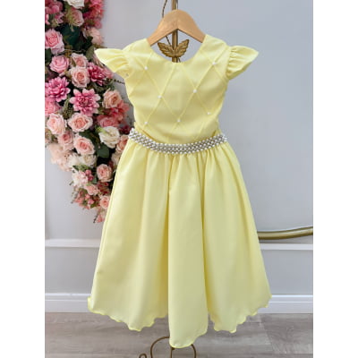 Vestido Infantil Amarelo Busto Nervura Daminhas Luxo