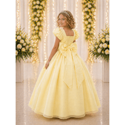 Vestido Infantil Amarelo Busto Nervura Daminhas Luxo