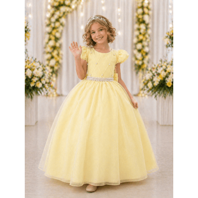 Vestido Longo Daminhas, Infantil Amarelo em Poliéster, Busto Nervura Daminhas Luxo Vestido Longo Daminhas, Infantil Amarelo em Poliéster, Busto Nervura Daminhas Luxo