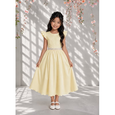 Vestido Longo Daminhas, Infantil Amarelo em Poliéster, Busto Nervura Daminhas Luxo