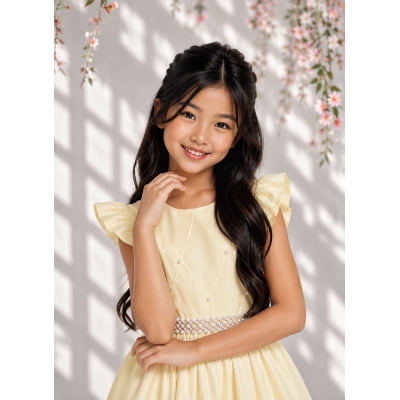 Vestido Longo Daminhas, Infantil Amarelo em Poliéster, Busto Nervura Daminhas Luxo